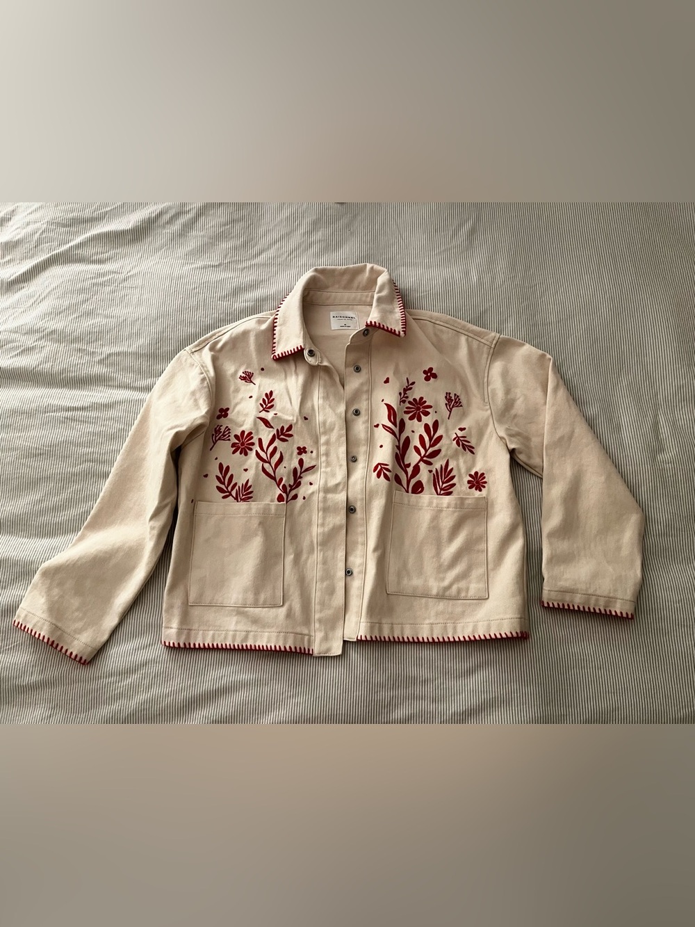 Beige Utility Jacket with Red Floral Embroidery